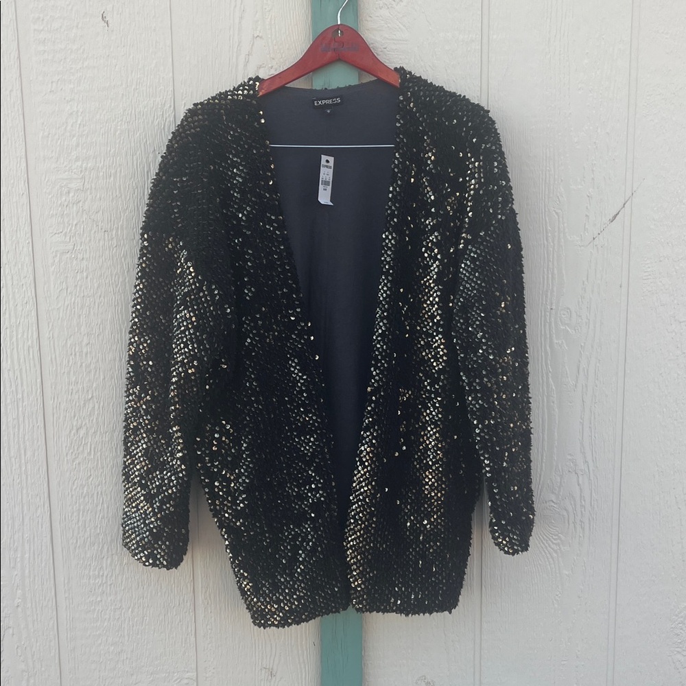 Express Fuzzy Black with Gold Sequins Warm Lined Cardigan M NWT MSRP $108